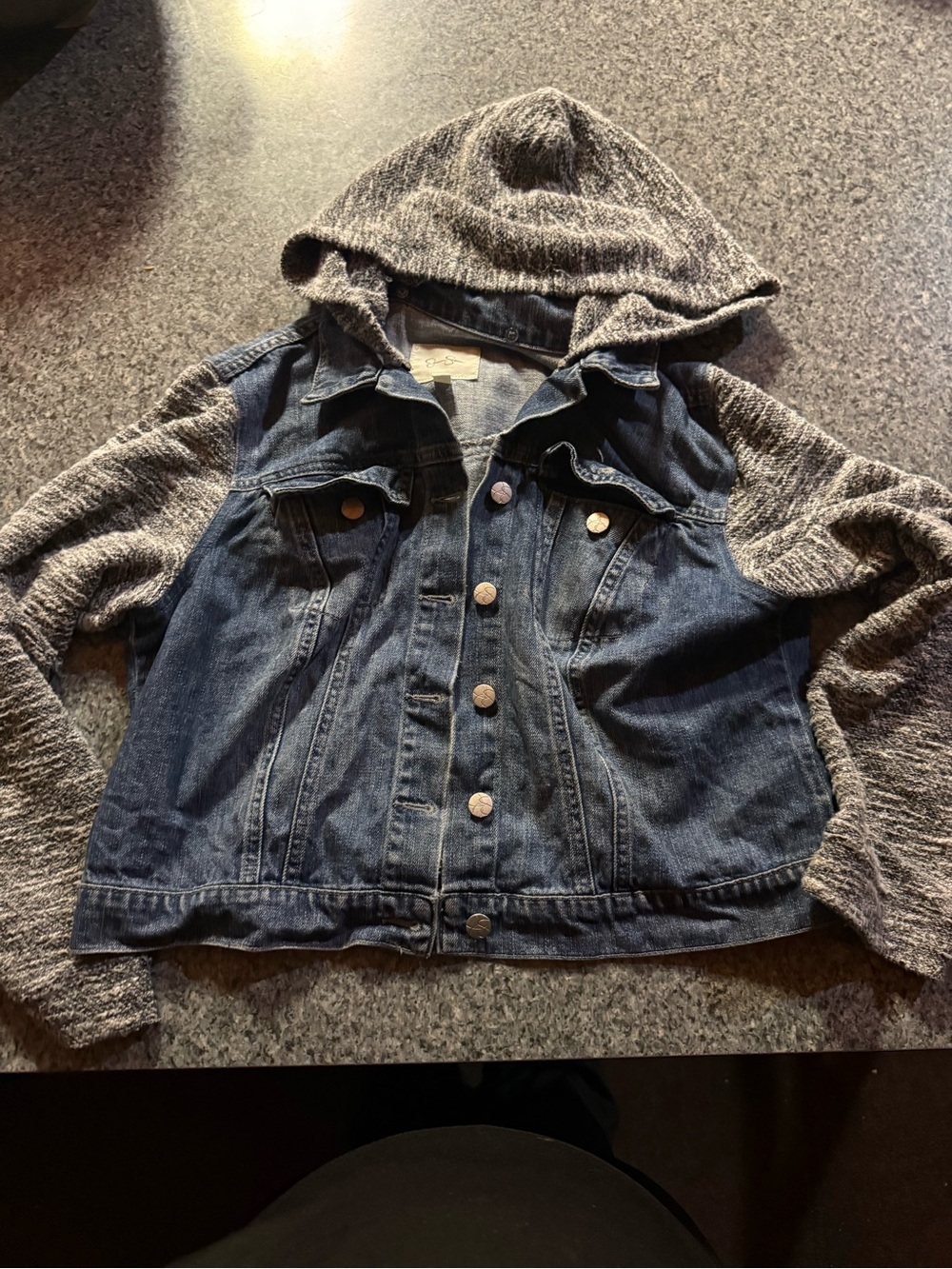 Jessica Simpson Women’s Hooded Denim Jacket with Gray Knit Sleeves